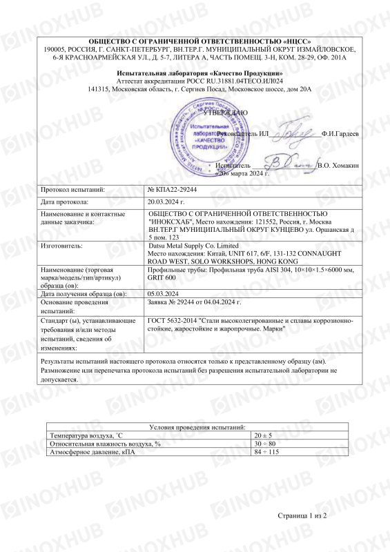 Протокол испытаний №КПА22-29244 от 20.03.2024 года
